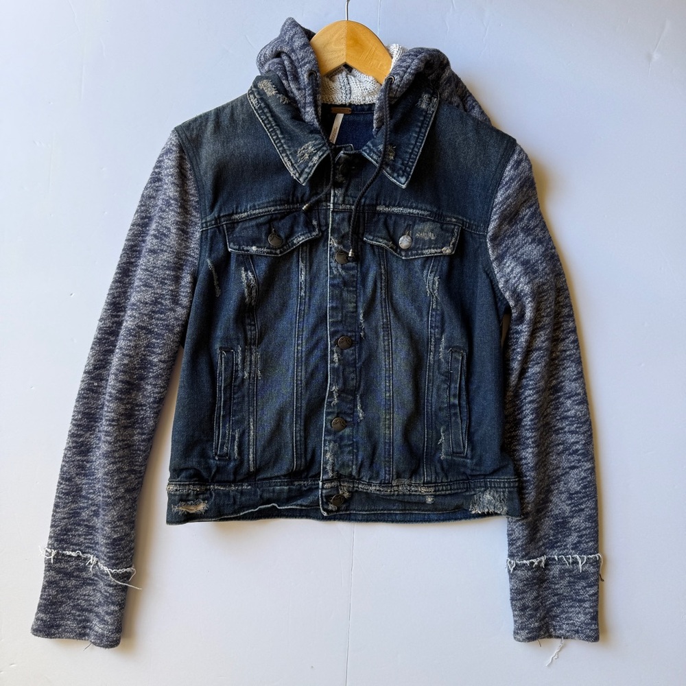 Free People Dark Denim Jean Jacket with Heathered Gray Knit Sleeves